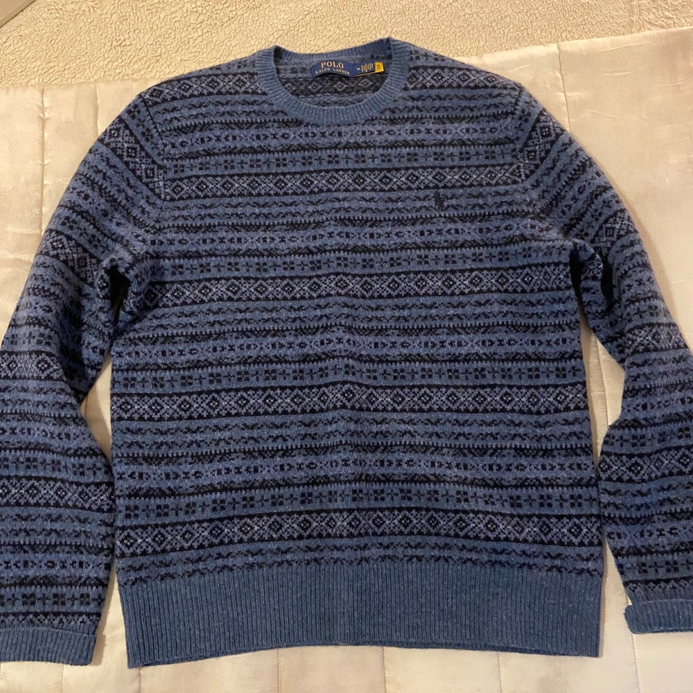 Polo Ralph Lauren Fair Isle Washable 100% Merino Blue Wool Sweater Men's Medium
